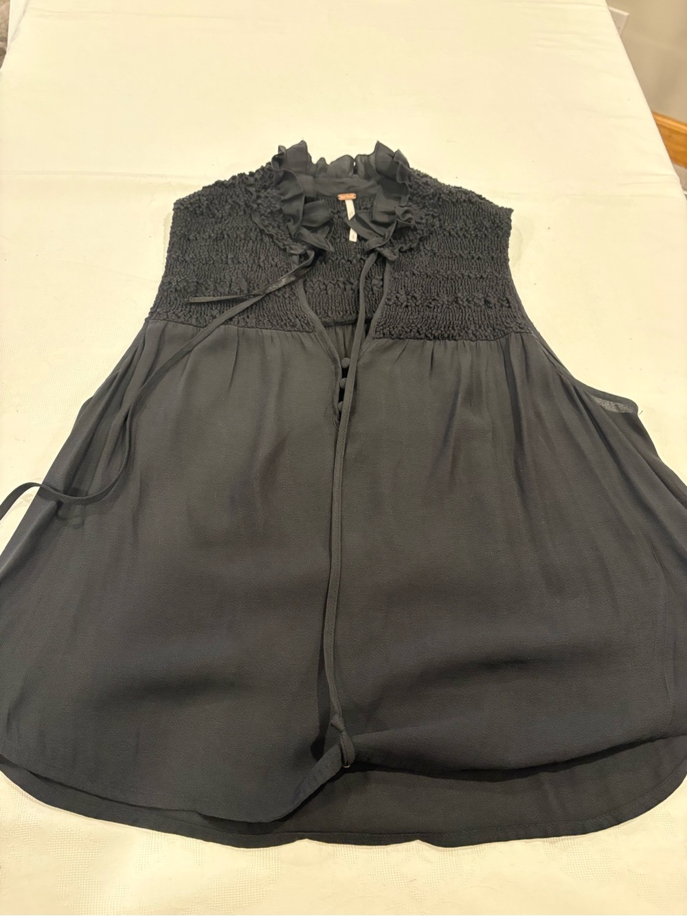 Free People Black Smocked Ruffle Tie Neck Sleeveless Blouse
